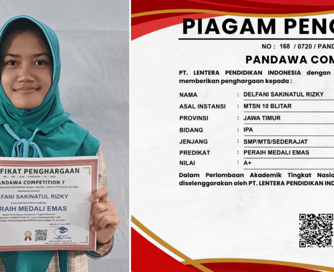 SISWI MTsN 10 BLITAR RAIH MEDALI EMAS BIDANG IPA DI AJANG NASIONAL PANDOWA COMPETITION VII